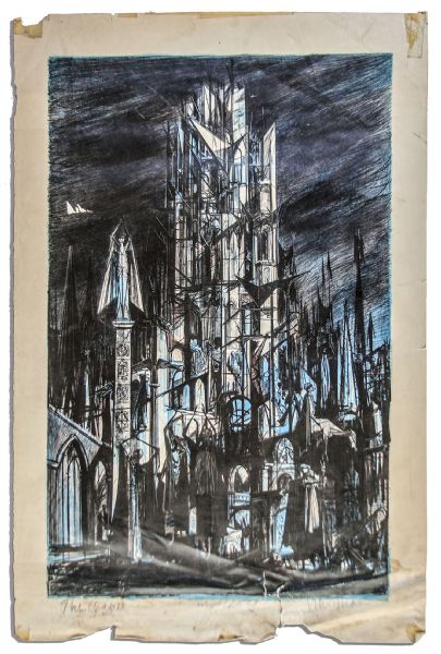 Ray Bradbury Personally Owned Mugnaini Signed Ink Drawing From ''The Halloween Tree'' -- Plus Mugnaini Signed ''The Tower'' Artist Proof Measuring 22.75'' x 34.75''