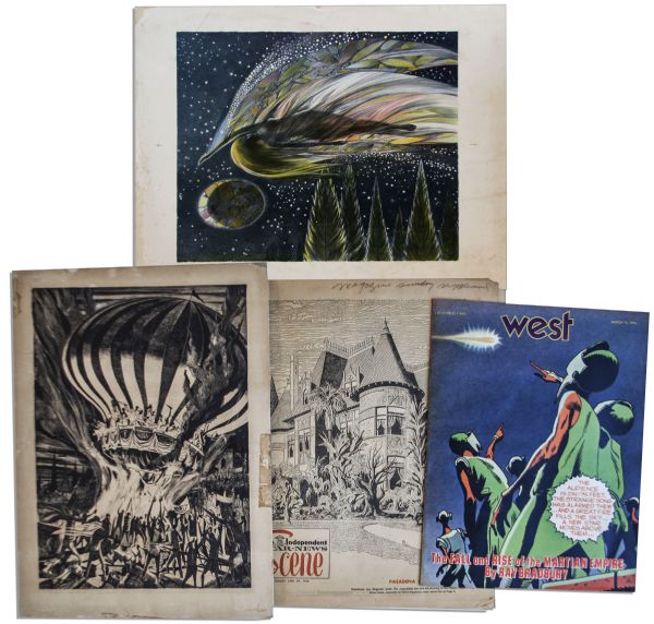 Bradbury Owned Art -- ''Dark Carnival'' Litho, ''Dark April Witch'' Litho, ''Martian Chronicles'' Comic & Newspaper of Mugnaini Art -- Largest Is 26'' x 20'' -- Very Good -- COA From Estate