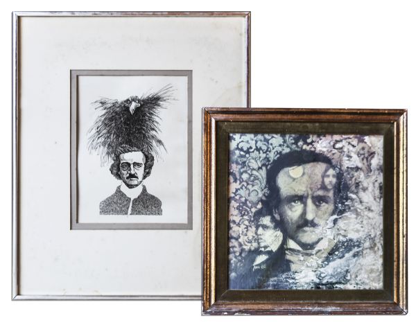 Ray Bradbury Owned Edgar Allen Poe Portraits -- One Hand-Drawn Ink Portrait With the Raven -- Second Portrait Is Mixed Media -- Measures 19.25'' x 23.25'' -- Very Good -- COA From Estate