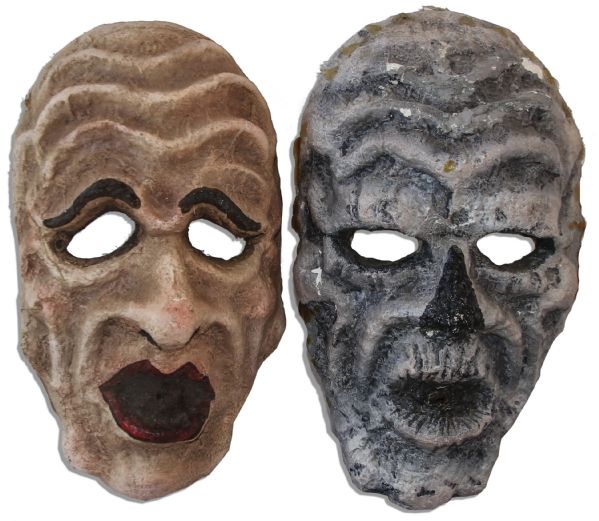 Ray Bradbury Owned Lot of 3 Masks From ''Something Wicked This Way Comes'' Play -- 2 Papier-Mache Masks and 1 Affixed to Award Plaque, Measures 26'' x 19'' -- Near Fine -- COA From Estate