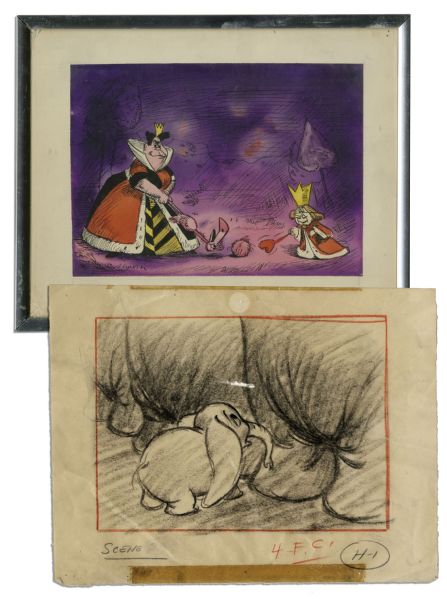 Ray Bradbury Owned Lot of 2 Disney Sketches -- ''Alice in Wonderland'' Framed Color Drawing & ''Dumbo'' Pencil Sketch -- Drawing Measures 10.5'' x 8.5'' -- Very Good -- COA From Estate