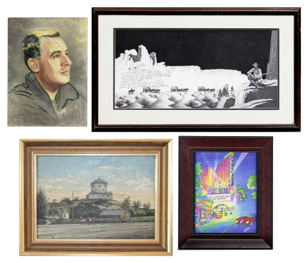 Ray Bradbury Owned Art Lot -- Including a Portrait Painting of Bradbury as a Young Man