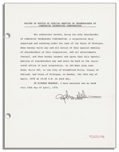 DeLorean Motor Company Founder John Z. DeLorean Signed Document -- 1976