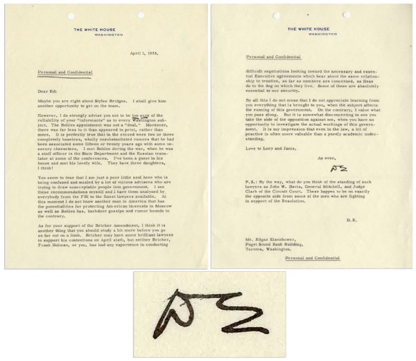 Dwight Eisenhower Typed Letter Signed as President on His USSR Appointment That Joseph McCarthy Complained Had ''Advanced Soviet Power'' -- ...The Bohlen appointment was not a 'deal.'...''
