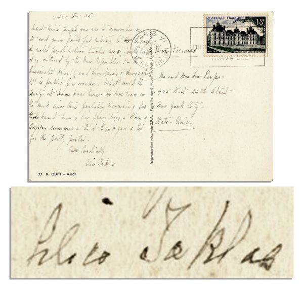 Gertrude Stein's Lover Alice B. Toklas Signed Postcard -- ''...Carl's [Van Vechten] birthday noticed by the New Republic! - the dissociated Press!! And hundreds of newspapers!!!...''