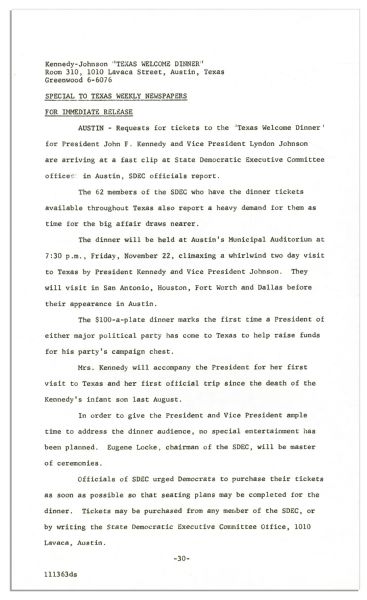 Press Kit & Insider Memo From the Austin Dinner Welcoming JFK to Texas the Night of His Assassination
