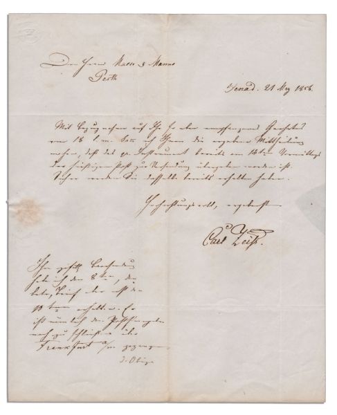 Carl Zeiss 1856 Autograph Letter Signed -- Signed During the Time of His ''Carl Zeiss AG'' Lens Invention