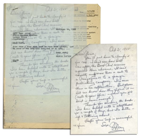 Mary Astor Autograph Letter Signed -- Regarding Astor's Book, ''A Place Called Saturday''