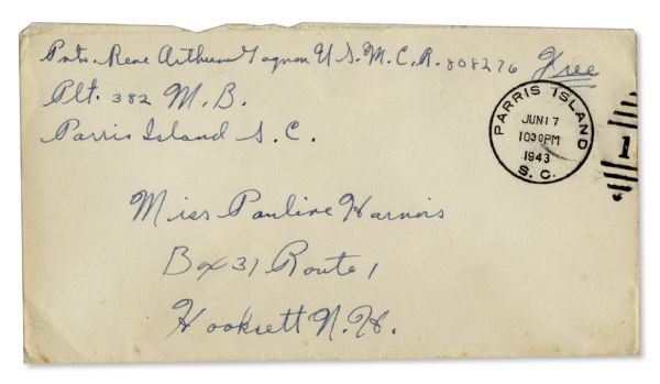 Iwo Jima ''Flag Raiser'' Rene Gagnon 1943 Autograph Letter Signed -- ''...I jumped up and was on my way after stabbing, jabbing and slashing the target I got to the end...''