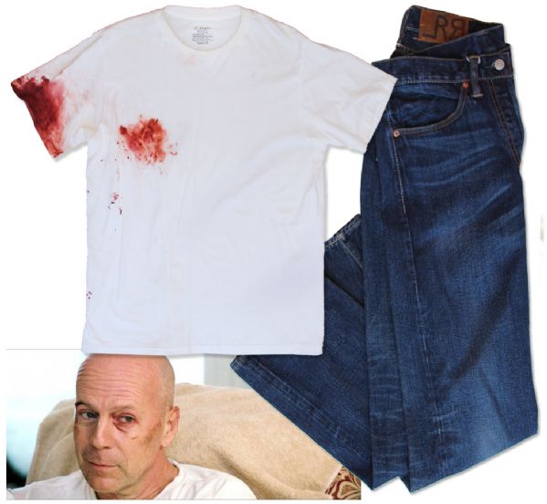 Bruce Willis Screen-Worn Wardrobe From ''RED'' -- White T-Shirt Distressed With Prop Blood for Action Scenes
