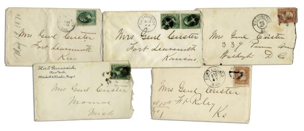 Lot of 5 George Custer Envelopes Made Out in His Hand to His Wife -- ''Mrs. Genl Custer''