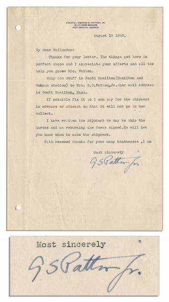 General George Patton Typed Letter Signed -- ''...I have written the Adjutant to day to ship the horses...''