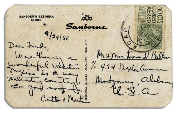 Postcard Signed & Written by Coretta Scott King -- Signed ''Coretta & Martin'' -- Dated 1958