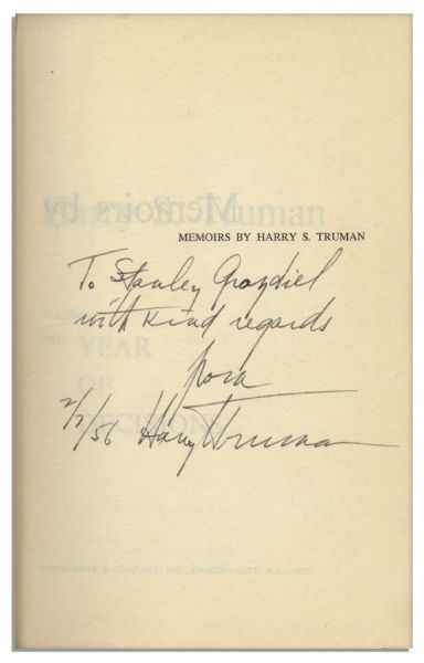 Harry Truman Signed First Edition of His Memoir, ''Year of Decisions''