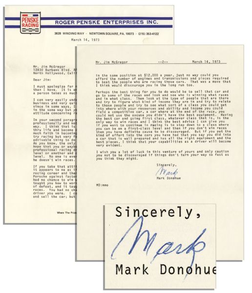 Indianapolis 500 Winner Mark Donohue Who Died Tragically & Young in a Race, 1973 Typed Letter Signed -- ...No one is ever going to become a professional driver if he doesnt win races...
