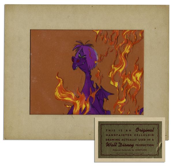 Ray Bradbury Owned Disney ''Sword in the Stone'' Cel -- Depicting Madame Mim as a Dragon -- Matted Overall to 12'' x 10'' -- With Disneyland Sticker to Verso -- Near Fine -- COA From Estate