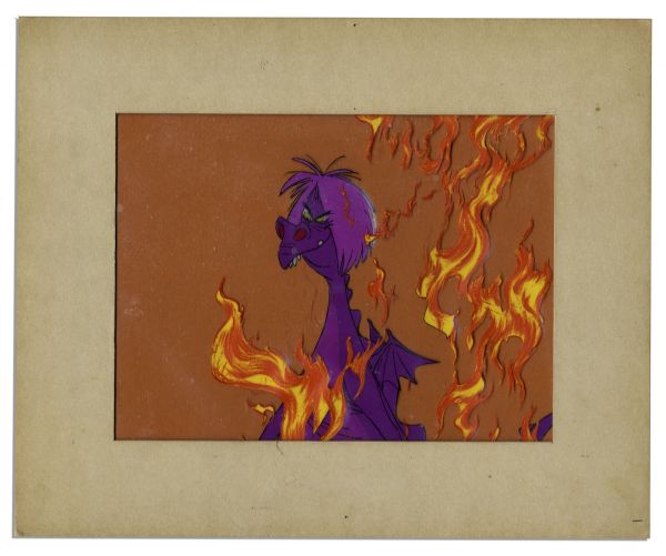 Ray Bradbury Owned Disney ''Sword in the Stone'' Cel -- Depicting Madame Mim as a Dragon -- Matted Overall to 12'' x 10'' -- With Disneyland Sticker to Verso -- Near Fine -- COA From Estate