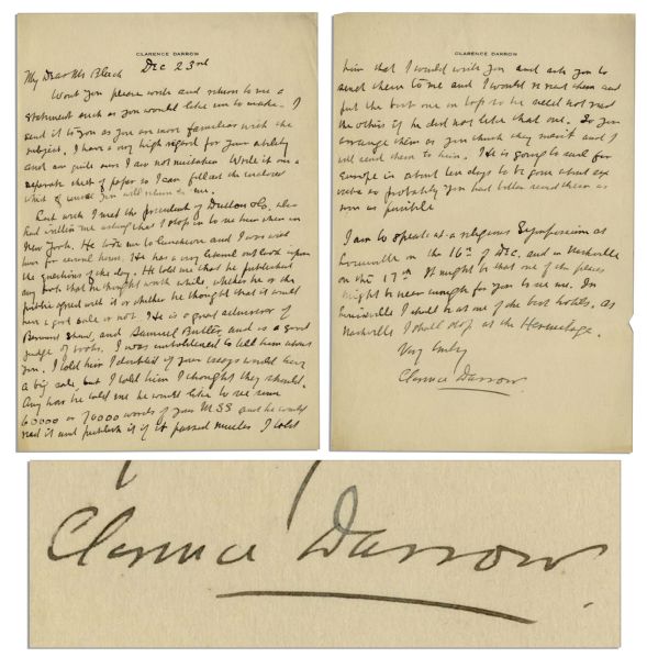 Clarence Darrow Autograph Letter Signed -- Darrow Helps a Fellow Lawyer Publish His Writings on Prohibition
