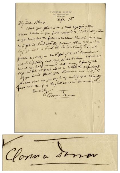 Clarence Darrow Autograph Letter Signed Regarding Prohibition -- ''...Vanity Fair is to publish my story on the repeal of the 18th amendment...''