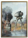 Ray Bradbury Personally Owned Oil Painting by Raymond Bayless -- The Famous Martian Tripod vs. HMS Thunder Child Battle Scene From H.G. Wells War of the Worlds