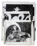 Ray Bradbury Owned Lot of 16 Illustrations -- Portrait Sketch of Bradbury & 15 Prints of the Zodiac, Outer Space -- Sketch Measures 24.25'' x 18'', Some Dampstaining -- With COA From Estate