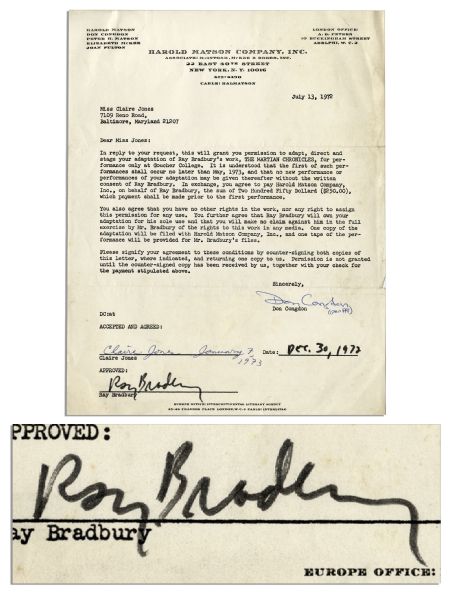Ray Bradbury Signed Contract for a 1972 Play Adaptation of ''The Martian Chronicles''