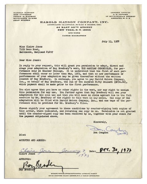 Ray Bradbury Signed Contract for a 1972 Play Adaptation of ''The Martian Chronicles''