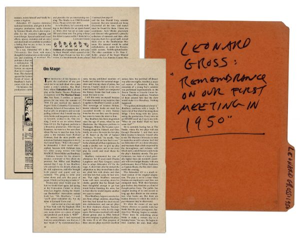 Ray Bradbury Hand-Labeled File Folder -- Containing a Review of His Stage Adaptation of ''Fahrenheit 451'' Published in ''Westways'' Magazine in 1979 -- Near Fine -- With COA From Estate