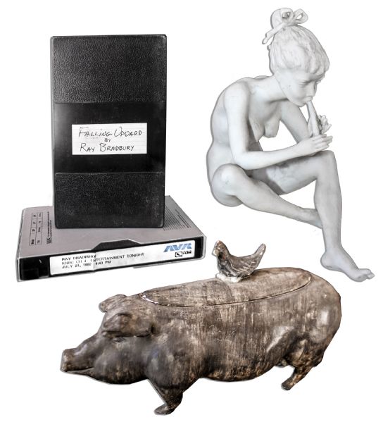 Ray Bradbury Personally Owned Lot of Four Items -- Ceramic Pig Lidded Container, Small Sculpture of a Girl & Two VHS Tapes -- Largest Measures 10'' x 2.5'' x 4'' -- With COA From Estate