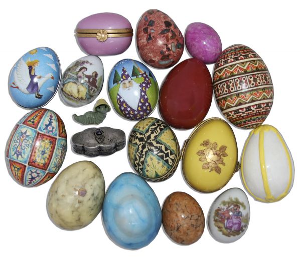 Ray Bradbury Owned Collection of 16 Decorative Eggs -- 3 Real Painted Eggshells, Others Are Stone, Ceramic or Metal -- Accompanied by 8'' x 10'' x 5'' Display Case -- With COA From Estate