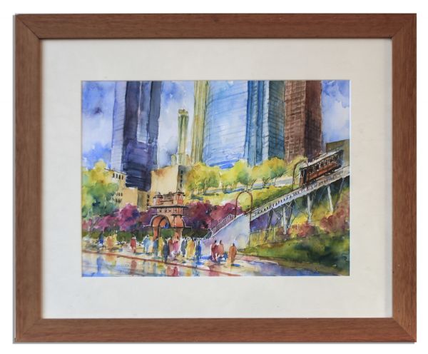 Ray Bradbury Owned Lot of 3 Watercolor Paintings -- Includes City Scene Gifted to Him as Part of an Award -- 21.25'' x 27.25'' -- Near Fine -- With COA From Estate