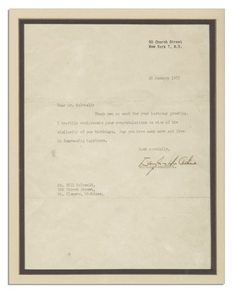 Nicely Framed General Douglas MacArthur 1953 Typed Letter Signed