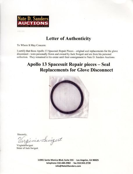Jack Swigert Personally Owned Apollo 13 Spacesuit Repair Pieces -- Original Seal Replacements for the Glove Disconnect, Flown on Apollo 13