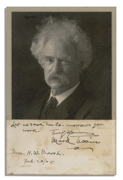 Mark Twain Photograph With Excellent Autograph Quotation Signed Along Mat --  ''Let us save the to-morrows for work. Truly yours, Mark Twain...''