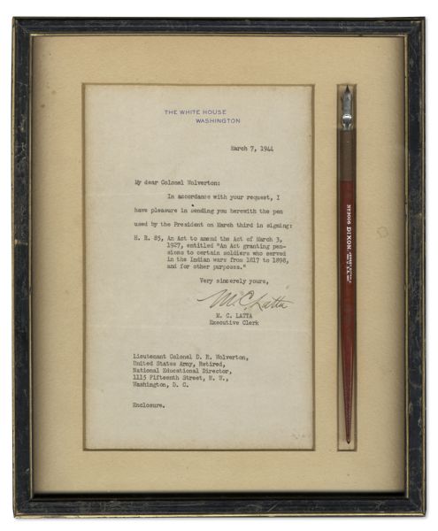 Dip Pen Used by Franklin D. Roosevelt as President in 1944 to Sign Veteran's Bill Into Law -- Accompanied by Typed Document on White House Stationery Explaining Pen's Significance