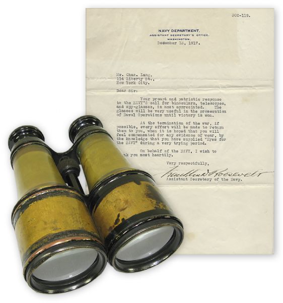 Letter Signed by Franklin D. Roosevelt, Thanking an American for His Donation of Binoculars for the WWI ''Eyes for the Navy'' Campaign -- Along With the Actual Binoculars Used in WWI