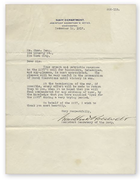 Letter Signed by Franklin D. Roosevelt, Thanking an American for His Donation of Binoculars for the WWI ''Eyes for the Navy'' Campaign -- Along With the Actual Binoculars Used in WWI
