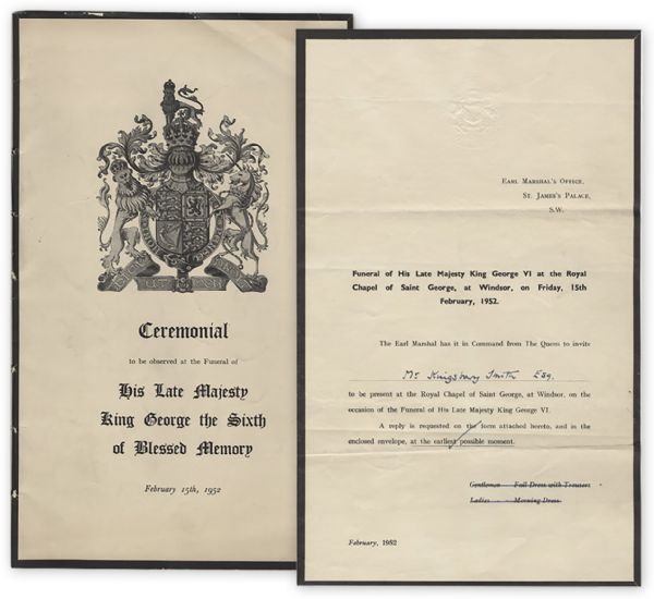 Lot of Ceremonial Material From the Funeral of King George VI in 1952 -- Includes Invitation & Ceremonial Booklet