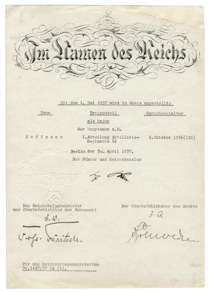 Adolf Hitler Document Signed From 1937