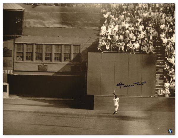 Willie Mays Signed ''Catch'' Photo -- 16'' x 20'' of Mays' Incredible 1954 World Series Catch -- With Mays' ''Say Hey'' Hologram -- Very Good
