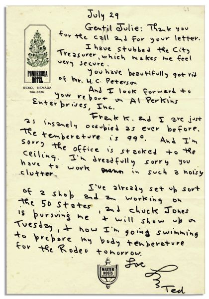 Dr. Seuss Autograph Letter Signed -- ''...now I'm going swimming to prepare my body temperature for the Rodeo tomorrow...''
