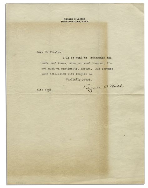 Eugene O'Neill Typed Letter Signed -- ''...I'm not much on sentiments...''