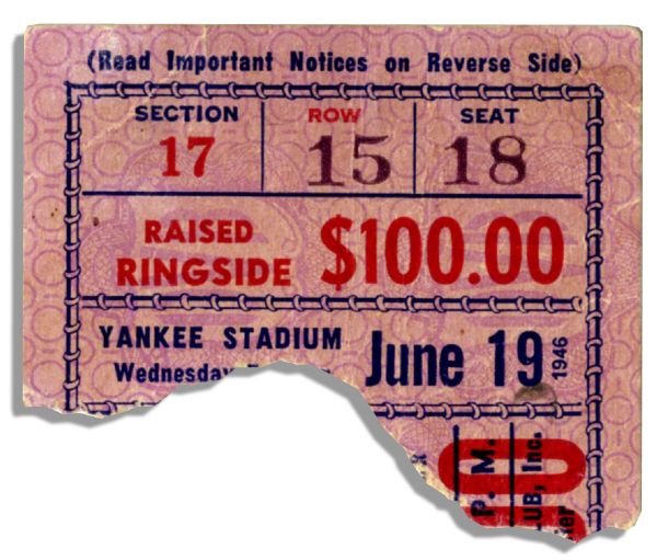 Joe Louis vs. Billy Conn Ticket Stub -- 19 June 1946, Yankee Stadium -- Ringside Ticket -- Closed Tear, Good