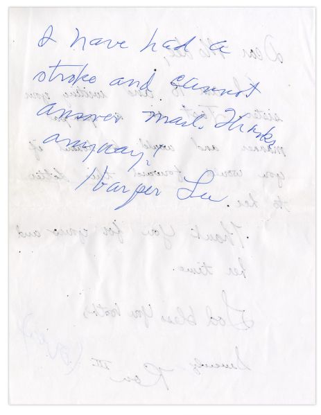 Harper Lee Autograph Note Signed -- Lee Pens a Response Writing That She Can't Respond