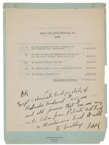 FDR Autograph Note Signed -- Roosevelt Approves the 1930 Budget for His Beloved Warm Springs Polio Foundation