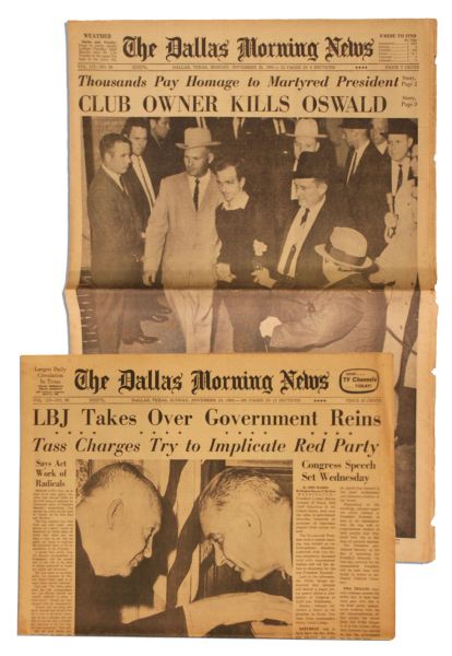 ''The Dallas Morning News'' Announces ''CLUB OWNER KILLS OSWALD'' & Second Paper ''LBJ Takes Over Government Reins''
