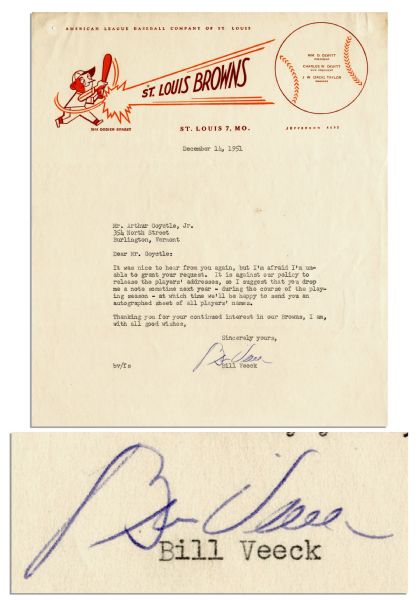 Hall of Famer Bill Veeck Signed Letter on St. Louis Browns Letterhead -- ''...It is against our policy to release the players' addresses...'' -- 1951