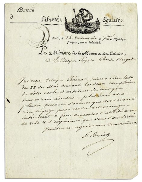 French Revolutionary General Etienne Eustache Bruix Autograph Letter Signed -- Signed in 1798, the Year Before His Infamous ''Cruise of Bruix''