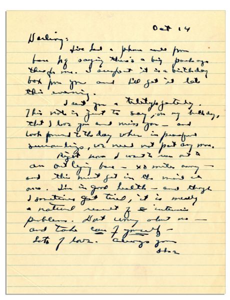 Dwight Eisenhower WWII Letter to His Wife -- ''...though I sometimes get tired, it is merely a natural result of intensive problems...''