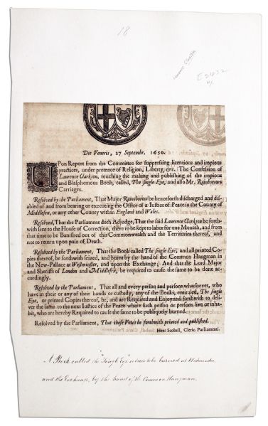 English Civil War Broadside Commanding The Burning of an ''Impious and Blasphemous'' Book & Banishing Its Author Laurence Clarkson